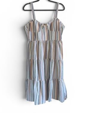 Lucky Brand Cotton Linen Blend Striped Tiered Midi Dress Sz XL Boho Cottagecore